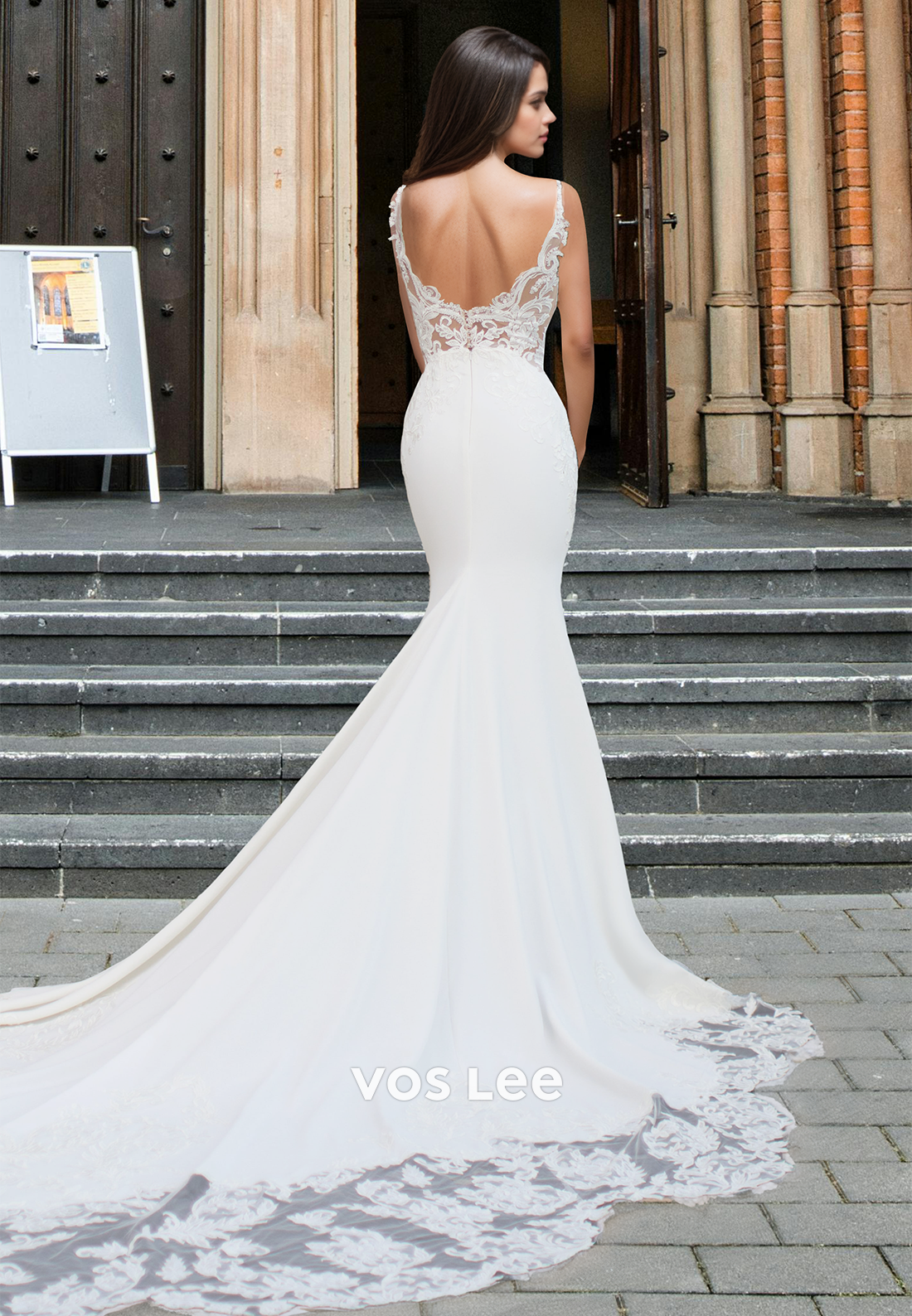 Classic V-Neck Mermaid Straps Appliques Satin Train Wedding Dress Bridal Gowns with Beads