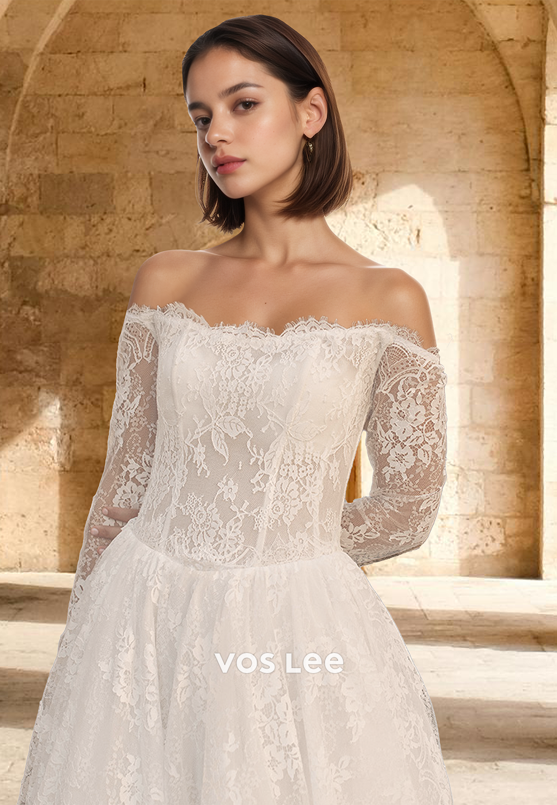 Glamorous A-Line Tube Top Long Sleeves Appliques Lace Wedding Dress Boho Gowns with Train
