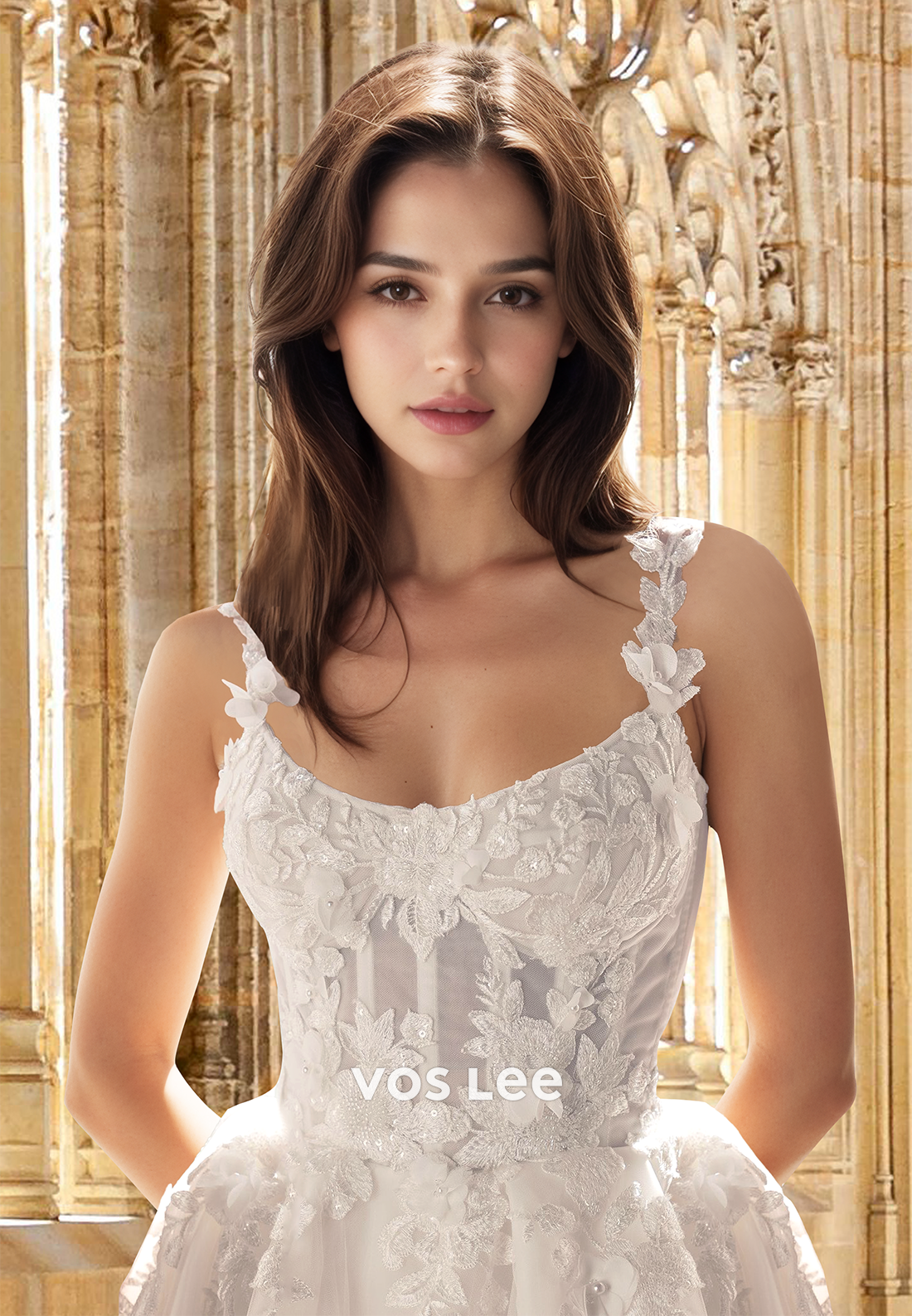 Romantic A-Line Scoop Neck Straps Appliques Lace Wedding Dress Bridal Gowns with Train