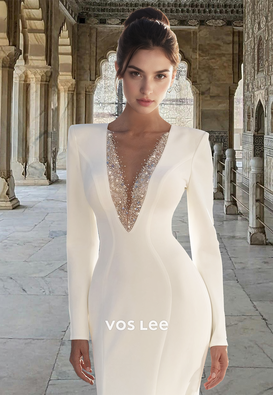 Sexy Trumpet Deep V Neck Long Sleeves Sequins Sheath Satin Wedding Dress