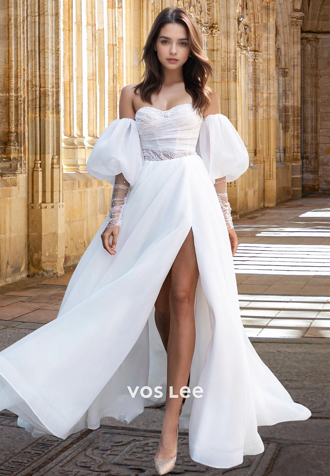 Gorgeous A-Line Puff Sleeves Beaded High Split Ruched Wedding Bride Dress