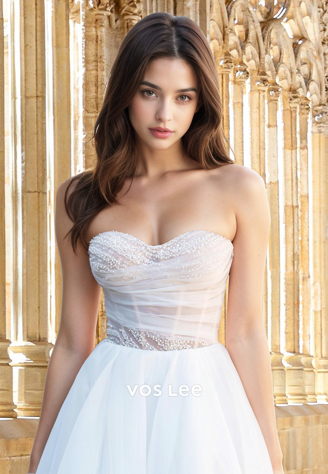 Gorgeous A-Line Puff Sleeves Beaded High Split Ruched Wedding Bride Dress