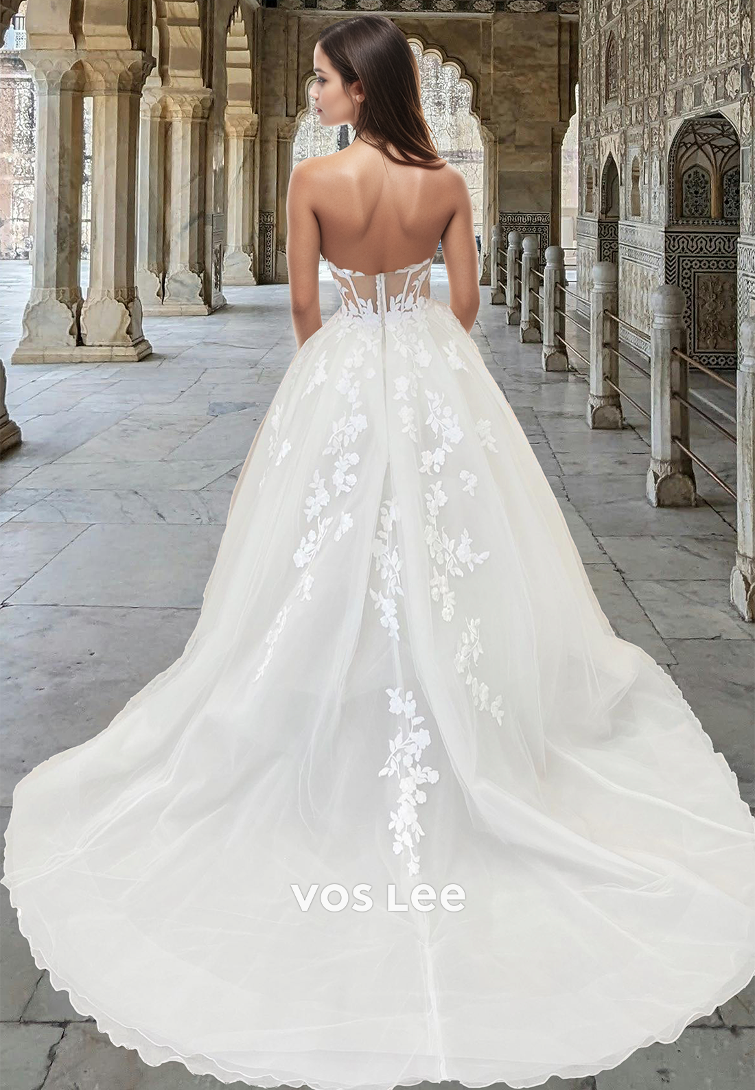 Sweetheart Sleeveless Lace Applique Bride Gowns Off-Shoulder Tulle A-Line Wedding Dress with High Slit