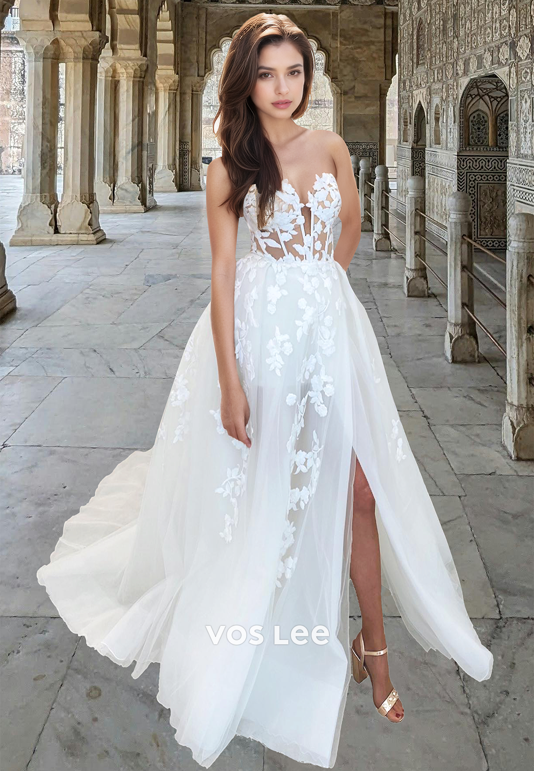 Sweetheart Sleeveless Lace Applique Bride Gowns Off-Shoulder Tulle A-Line Wedding Dress with High Slit