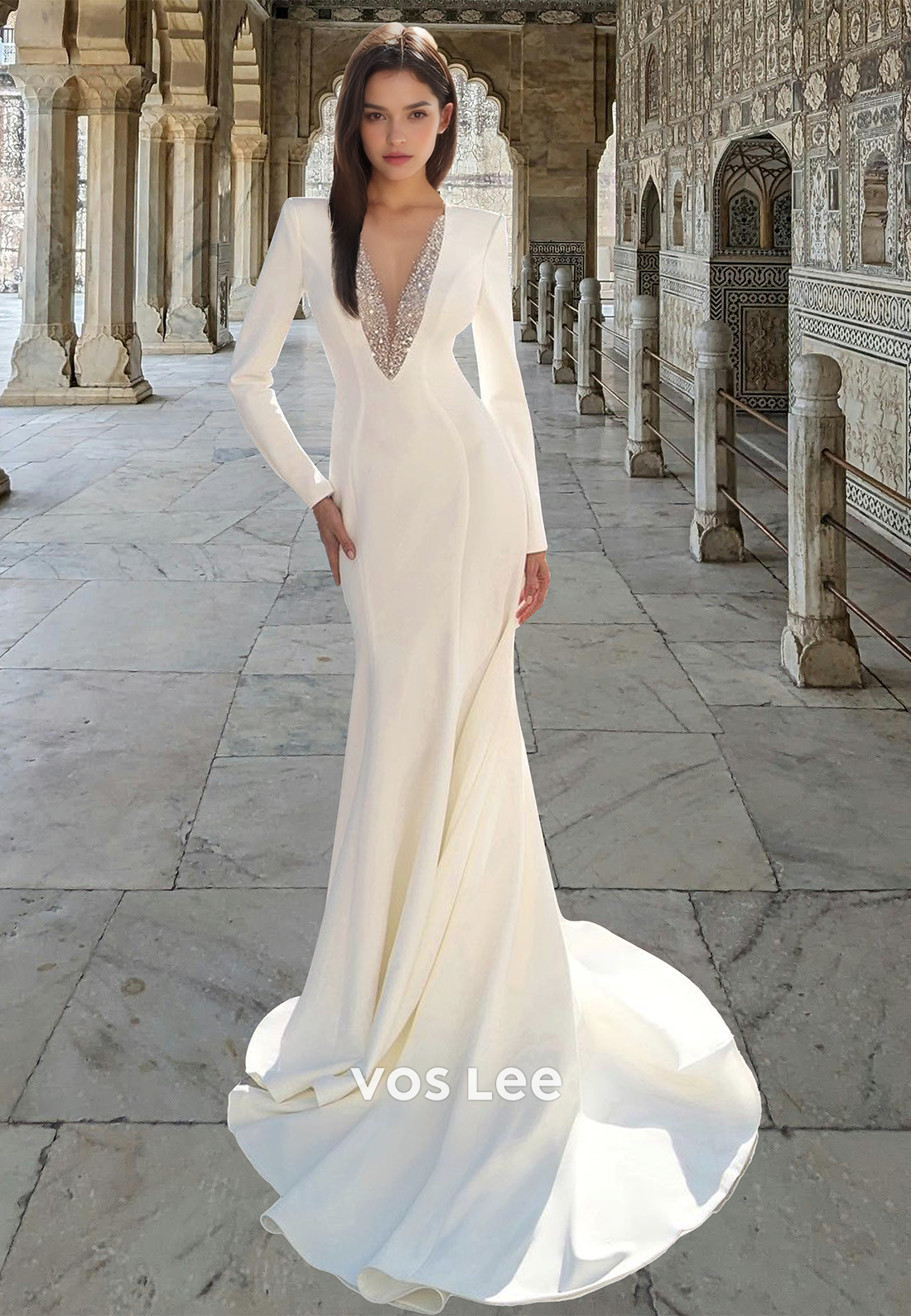 Sexy Trumpet Deep V Neck Long Sleeves Sequins Sheath Satin Wedding Dress