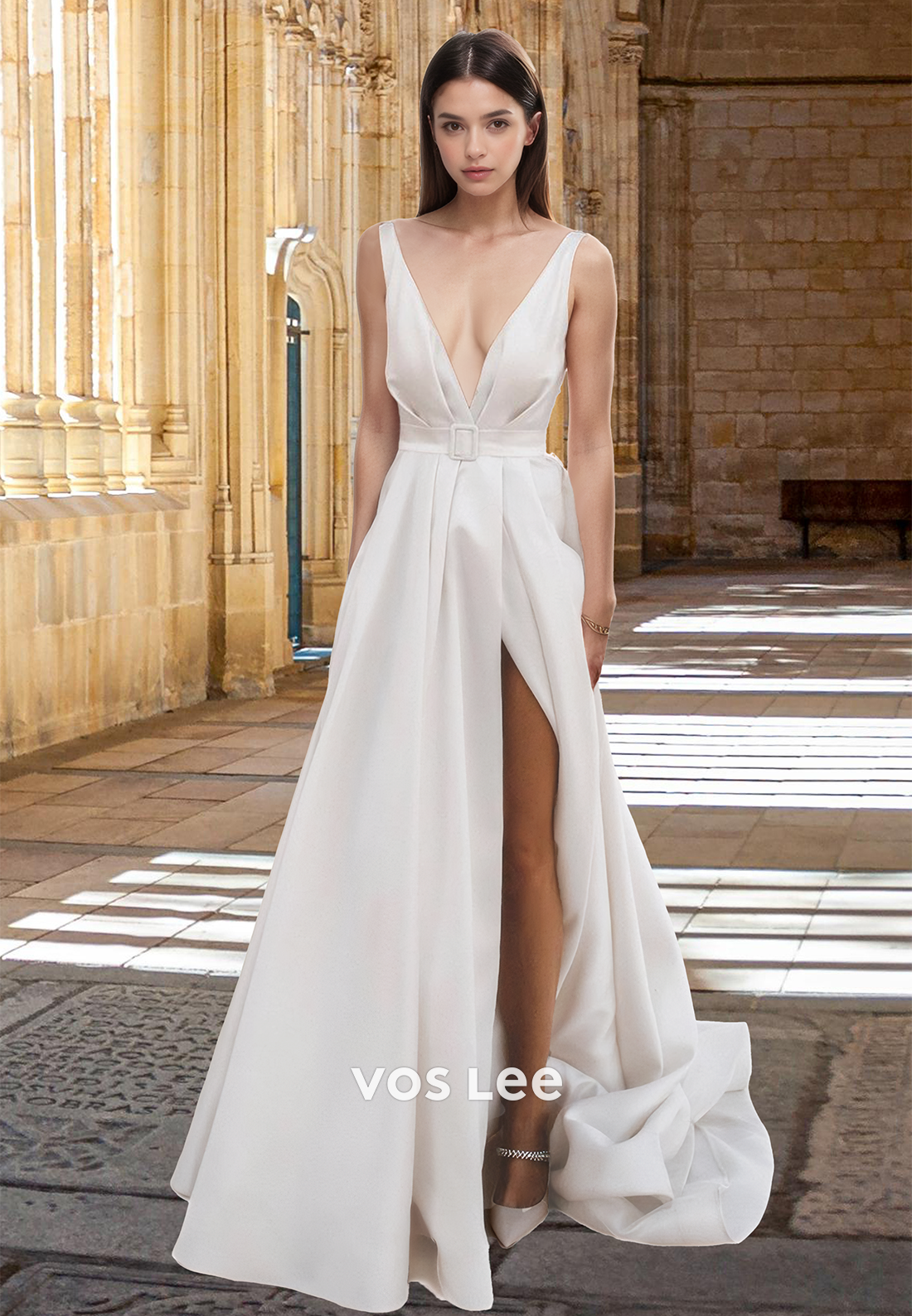 Sexy A-Line Low V Neck Sleeveless Backless Belt Satin Wedding Gown with Split