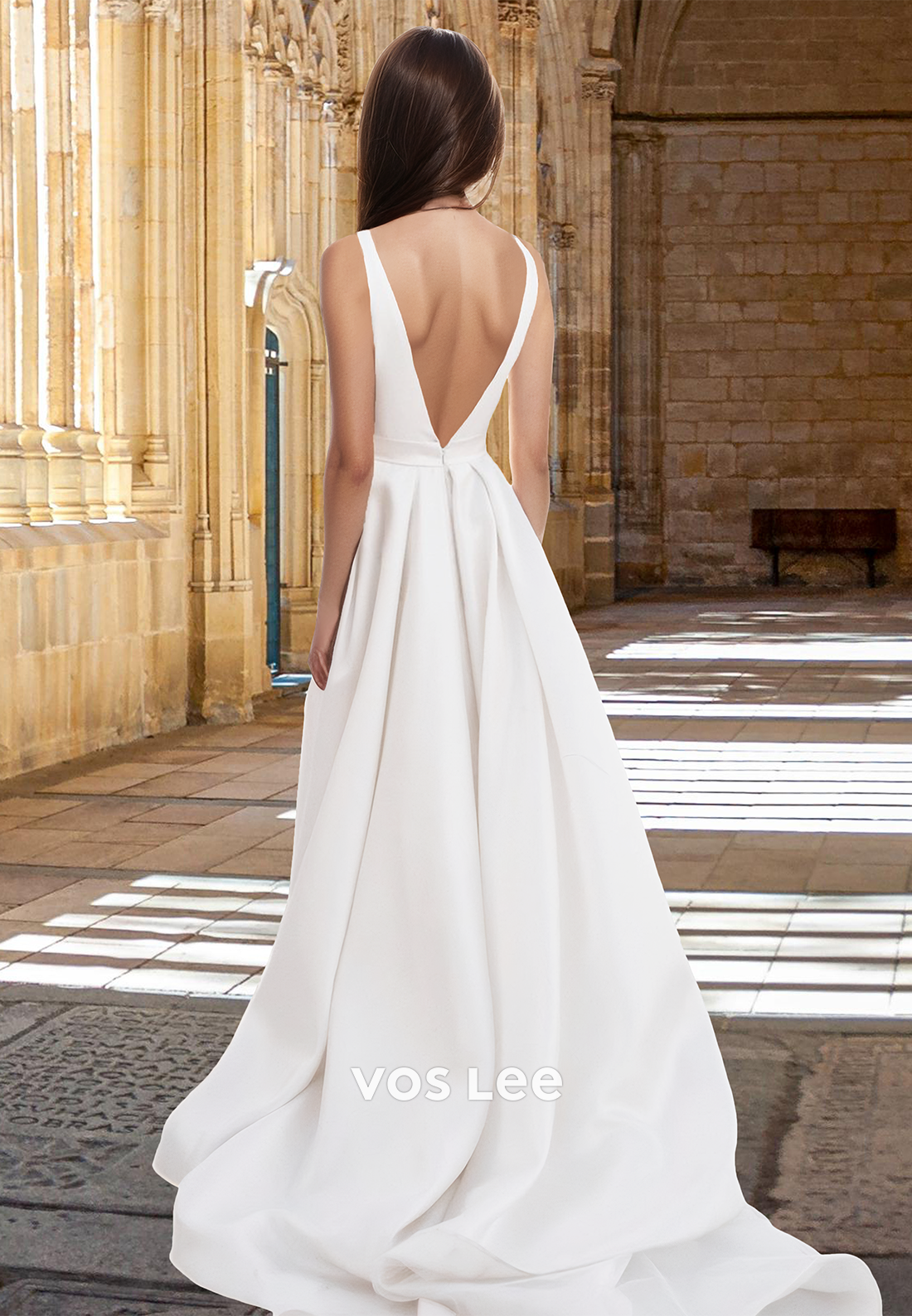 Sexy A-Line Low V Neck Sleeveless Backless Belt Satin Wedding Gown with Split