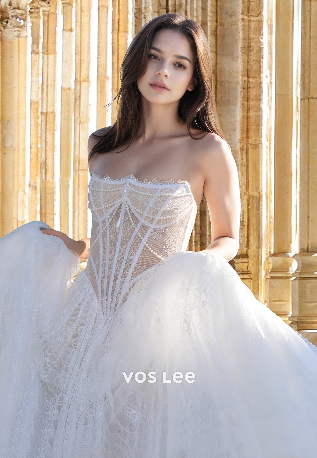Beaded Tube Top A-Line Sweep Train Pleats Lace Beach Wedding Dress Boho Gown with Applique