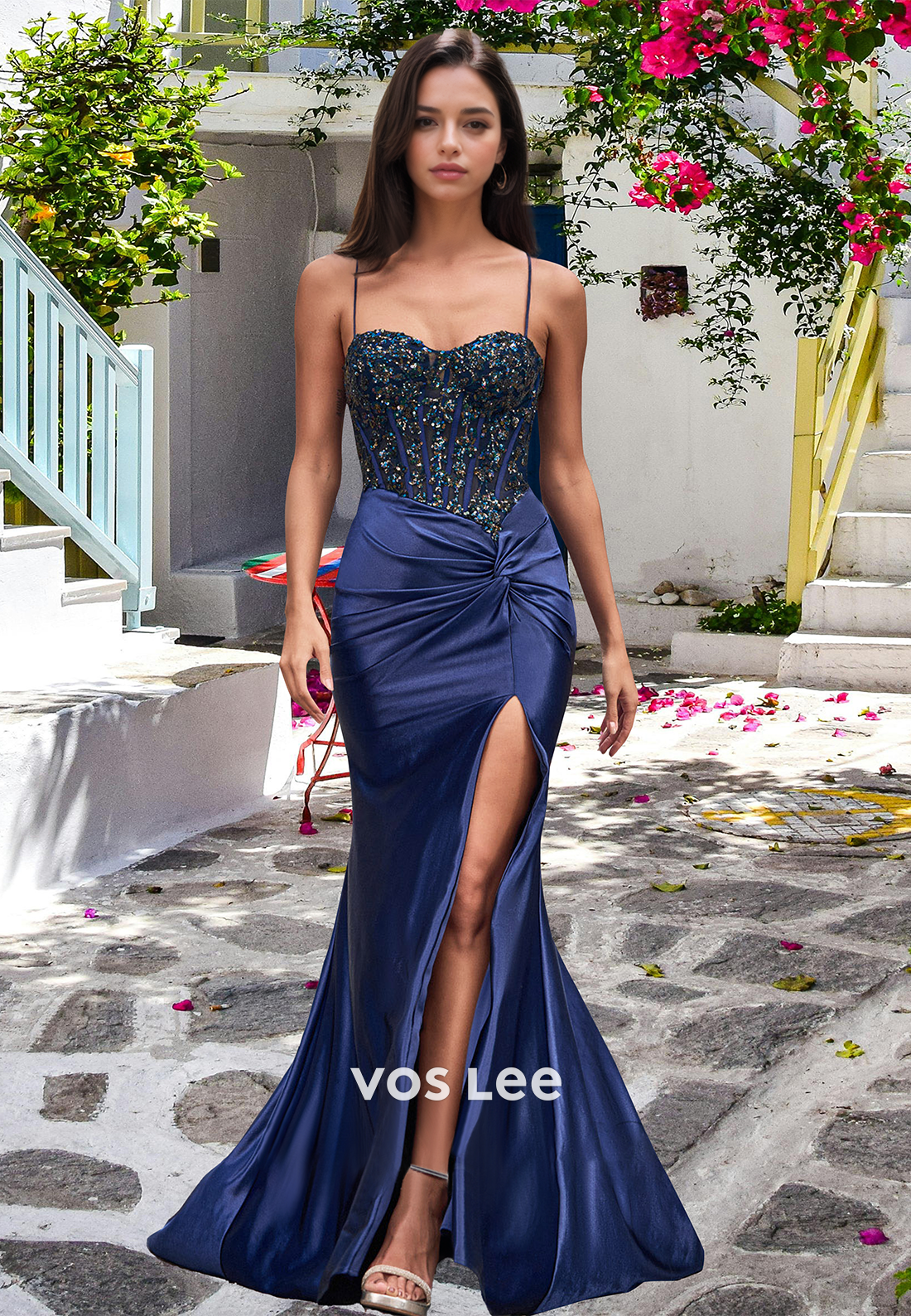 Graceful Trumpet Sweetheart Lace Up Sequins Side Split Satin Prom Party Dress