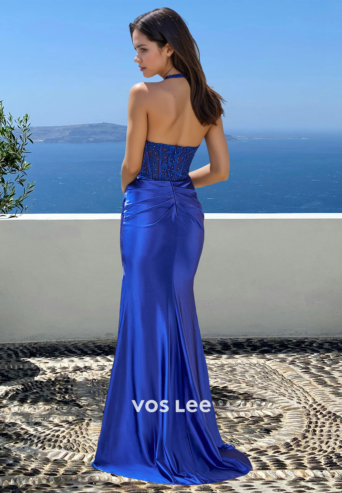 Beaded Halter V-Neck Sleeveless Fitted Satin Pleats Formal Party Dress with Appliques