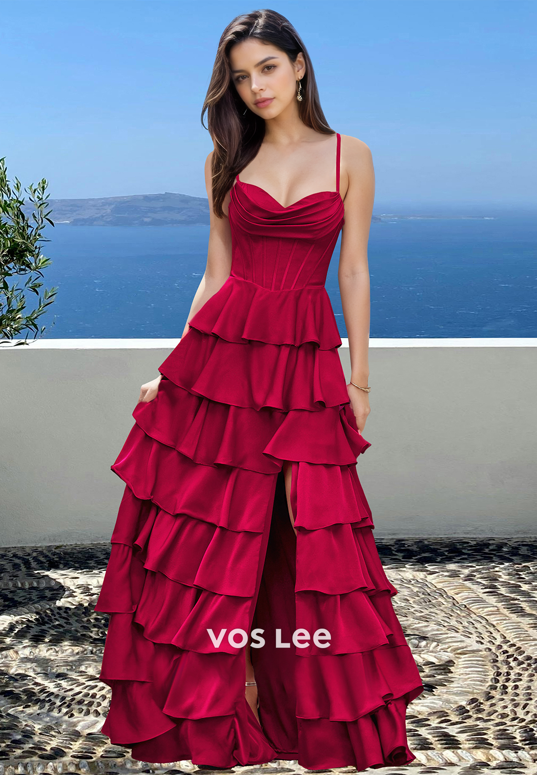 Elegant A-Line Sweetheart Straps Stripe Tiered Satin Party Gown with Slit Prom Dress