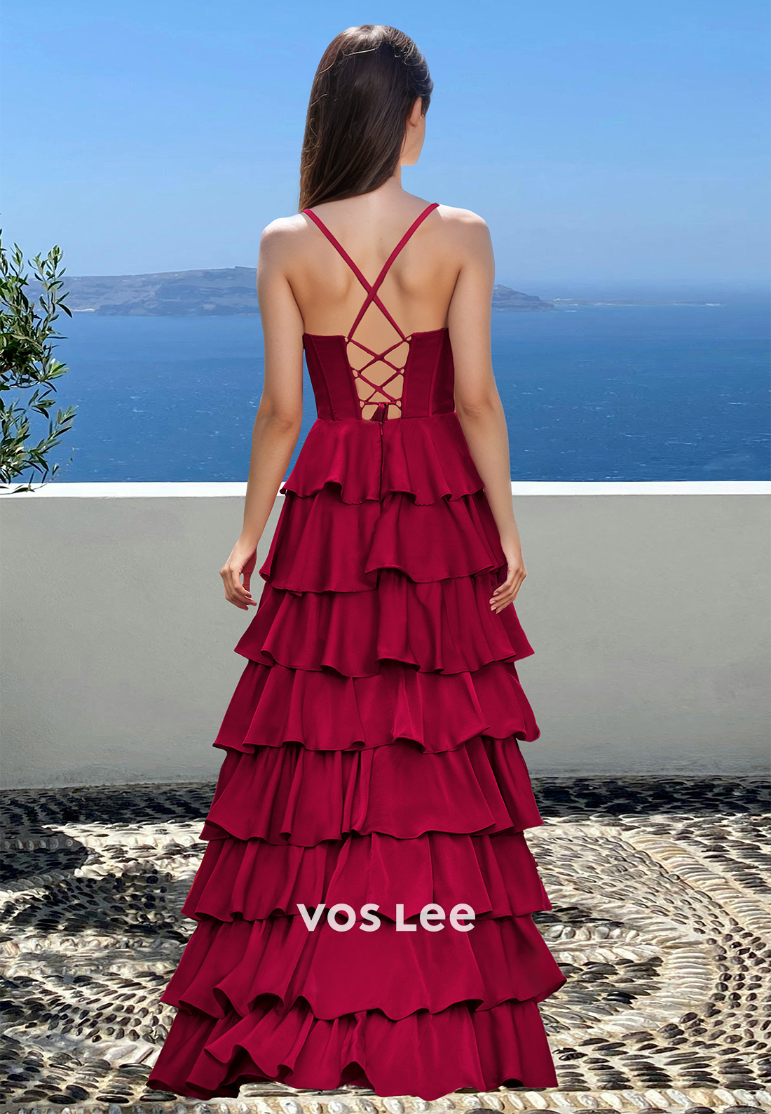 Elegant A-Line Sweetheart Straps Stripe Tiered Satin Party Gown with Slit Prom Dress