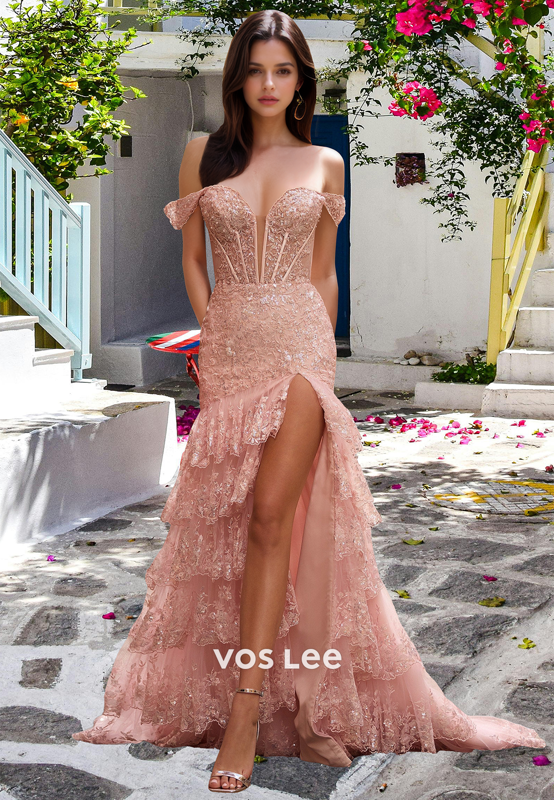 Dreamy Column Off Shoulder High Split Lace Appliques Backless Tiered Glitter Prom Graduation Dress