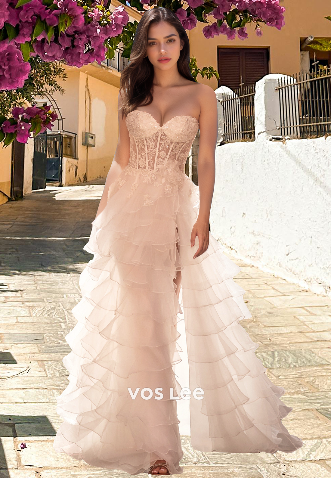 Ornate White Sweetheart Back Zipper Lace Appliques Tiered Tulle Prom Party Dress