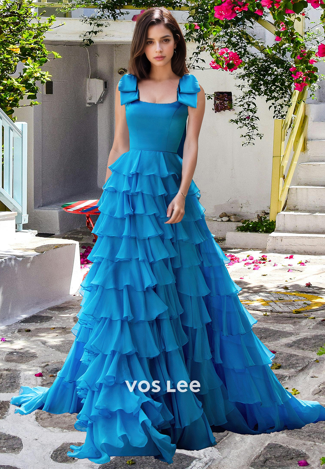 Elegant Square Neck A-Line Bows Tiered Lace Ball Gowns with Train Prom Dress