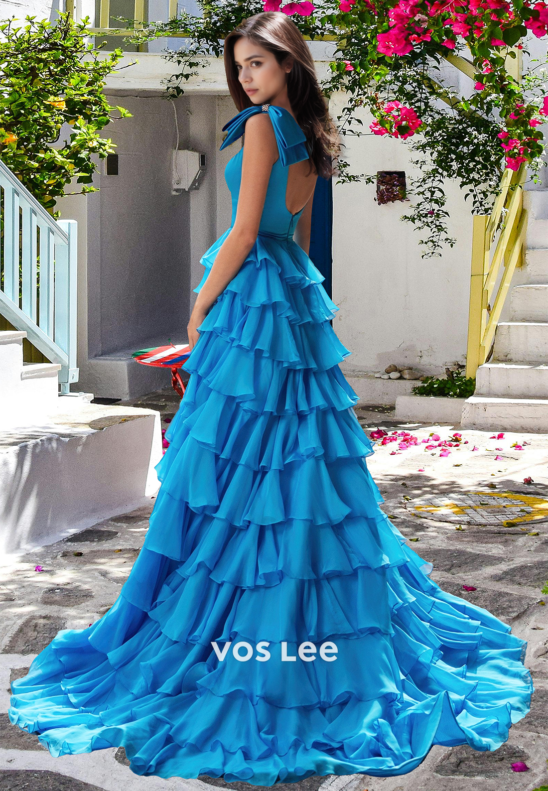 Elegant Square Neck A-Line Bows Tiered Lace Ball Gowns with Train Prom Dress