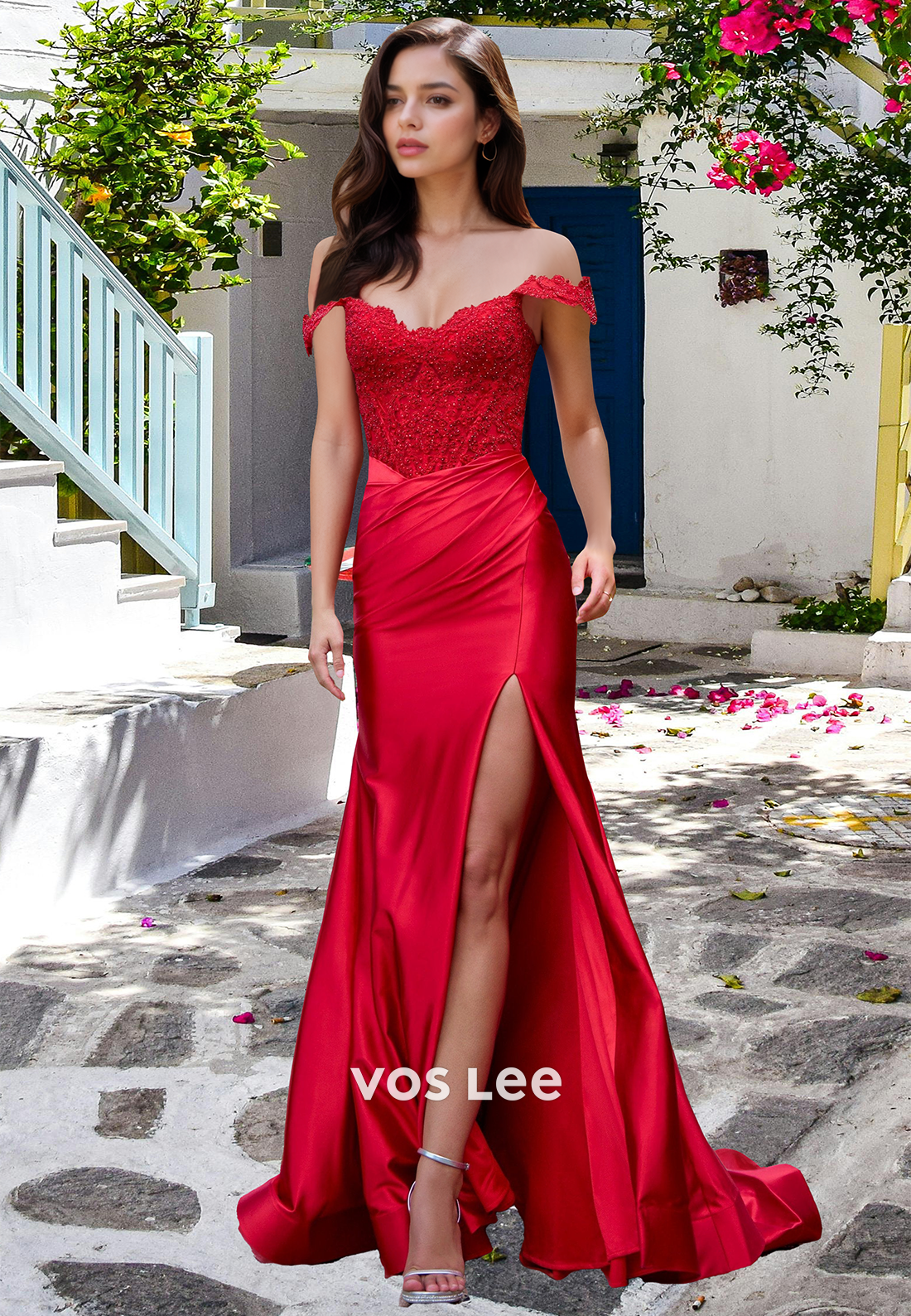 Classic Sweetheart Sheath Prom Dress Sleeveless High Slit Satin Party Dress with Beads