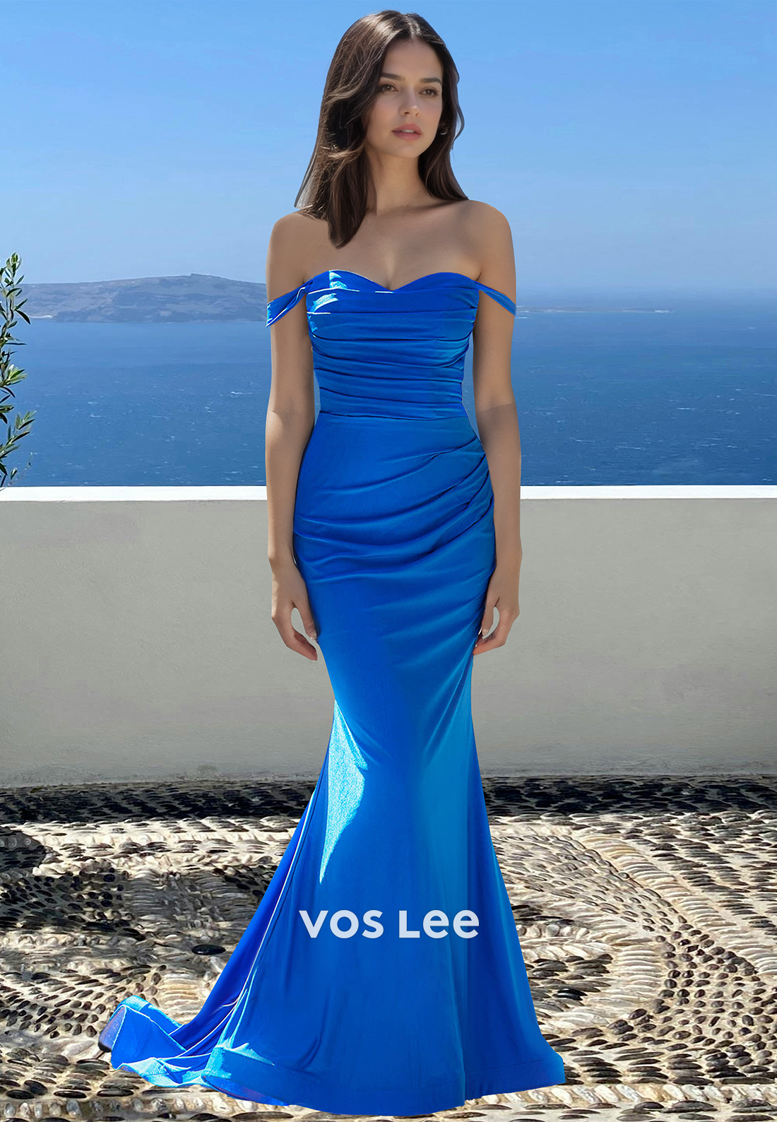 Royal Blue Sweetheart Mermaid Sleeveless Ruched Satin Evening Party Dresss with Train