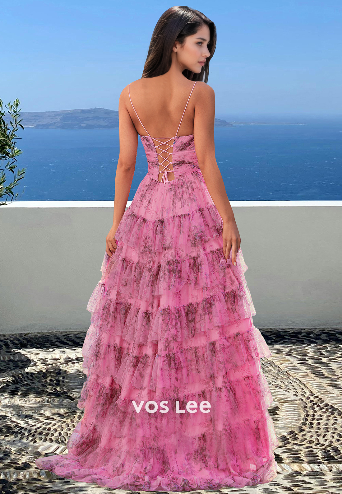 Unique Spaghetti Straps A-Line V-Neck Tiered Lace Ball Gowns with Appliques Evening Gown