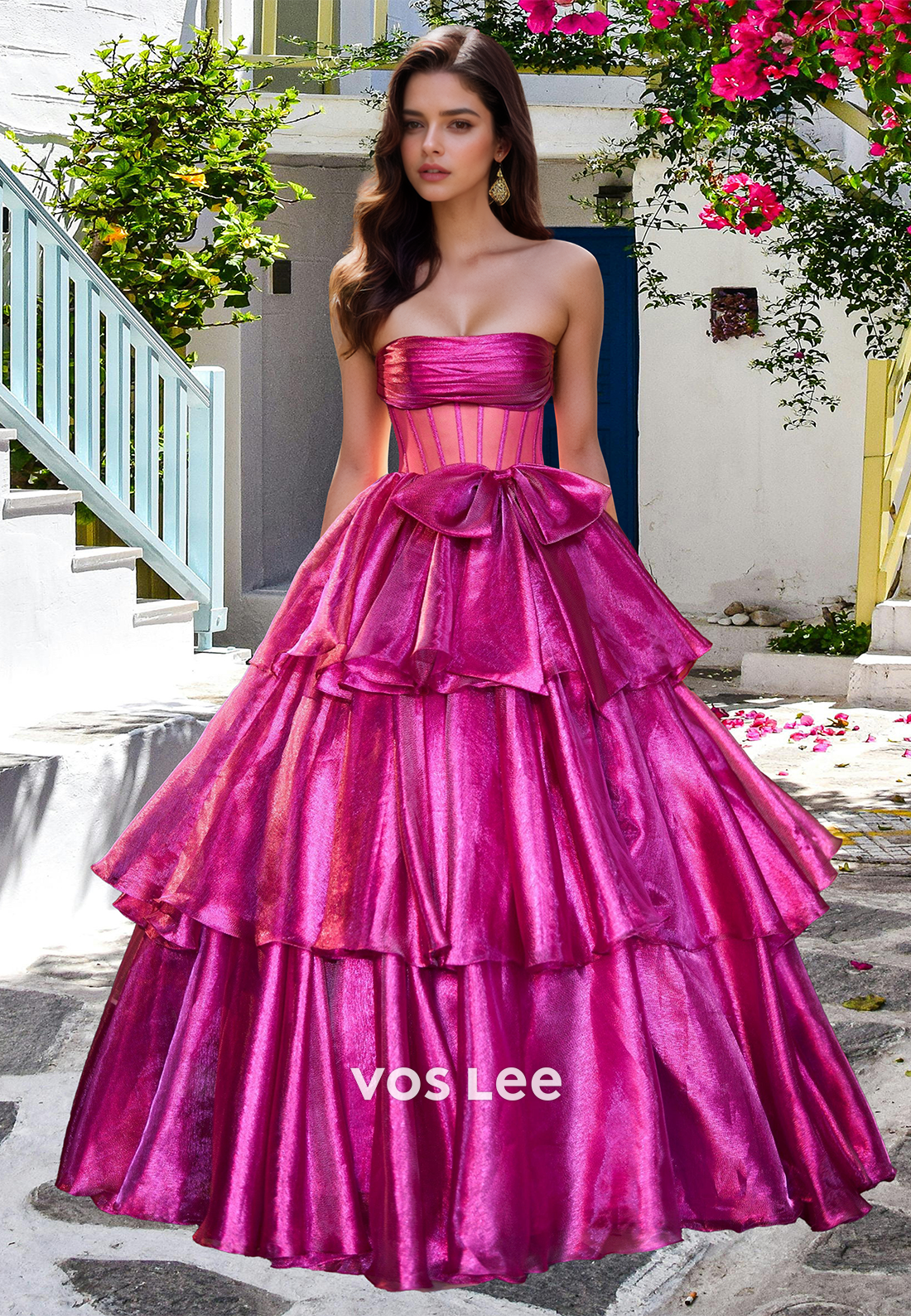 Glamorous Fuchsia A-Line Tube Top Tiered Ball Gowns with Bows Princess Party Dress