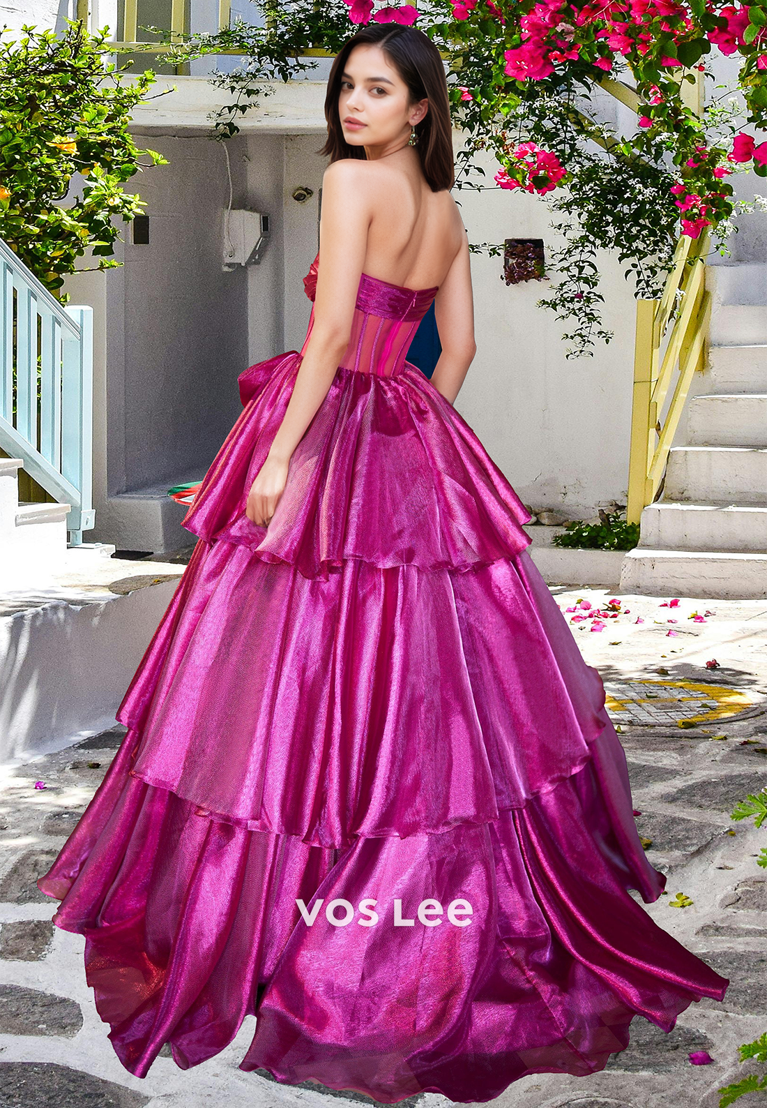 Glamorous Fuchsia A-Line Tube Top Tiered Ball Gowns with Bows Princess Party Dress