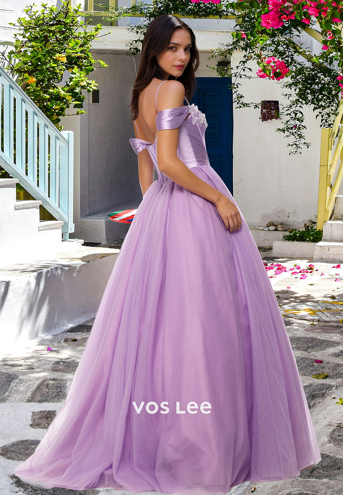 Charming Spaghetti Straps A-Line Pleats Glitter Knit Ball Gowns with Appliques Prom Dress