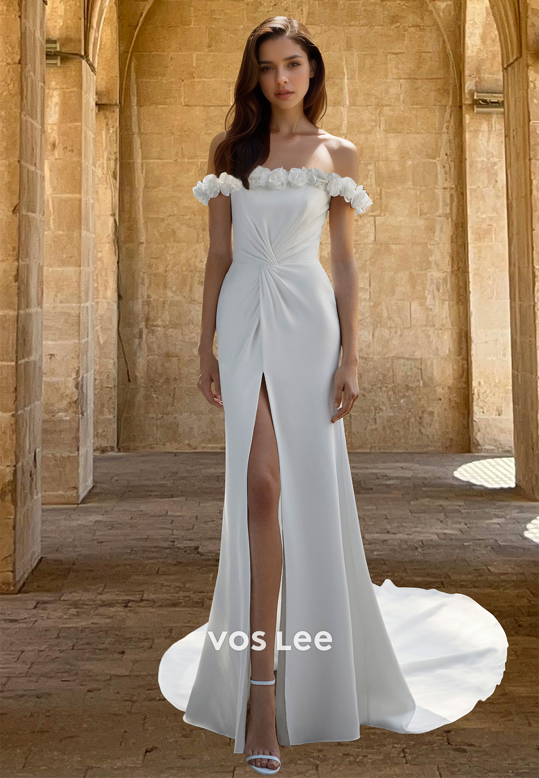 Elegant Tube Top Sleeveless High Slit Pleats Satin Wedding Dress Bridal Gown with Floral