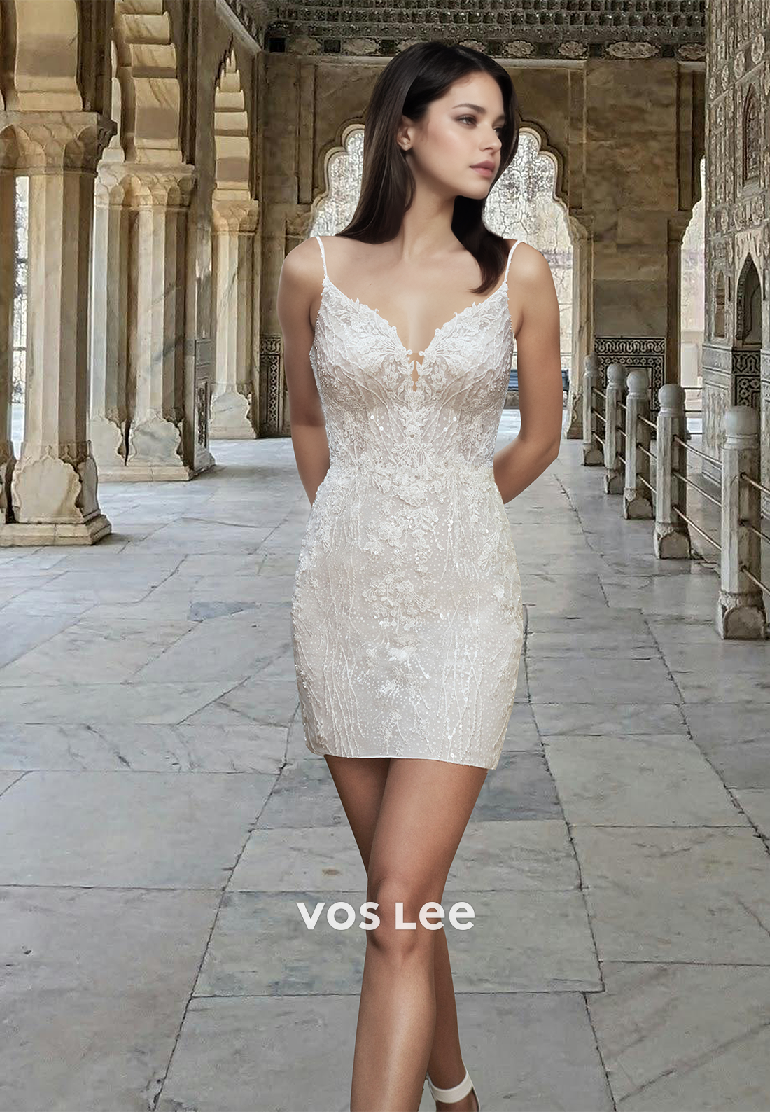 Bohemian Spaghetti Straps V-Neck Sheath Appliques Sequin Beach Wedding Dress with Overskirt