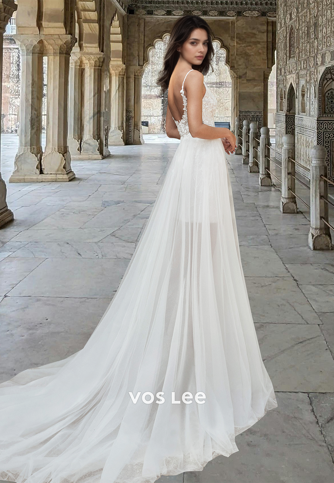 Bohemian Spaghetti Straps V-Neck Sheath Appliques Sequin Beach Wedding Dress with Overskirt