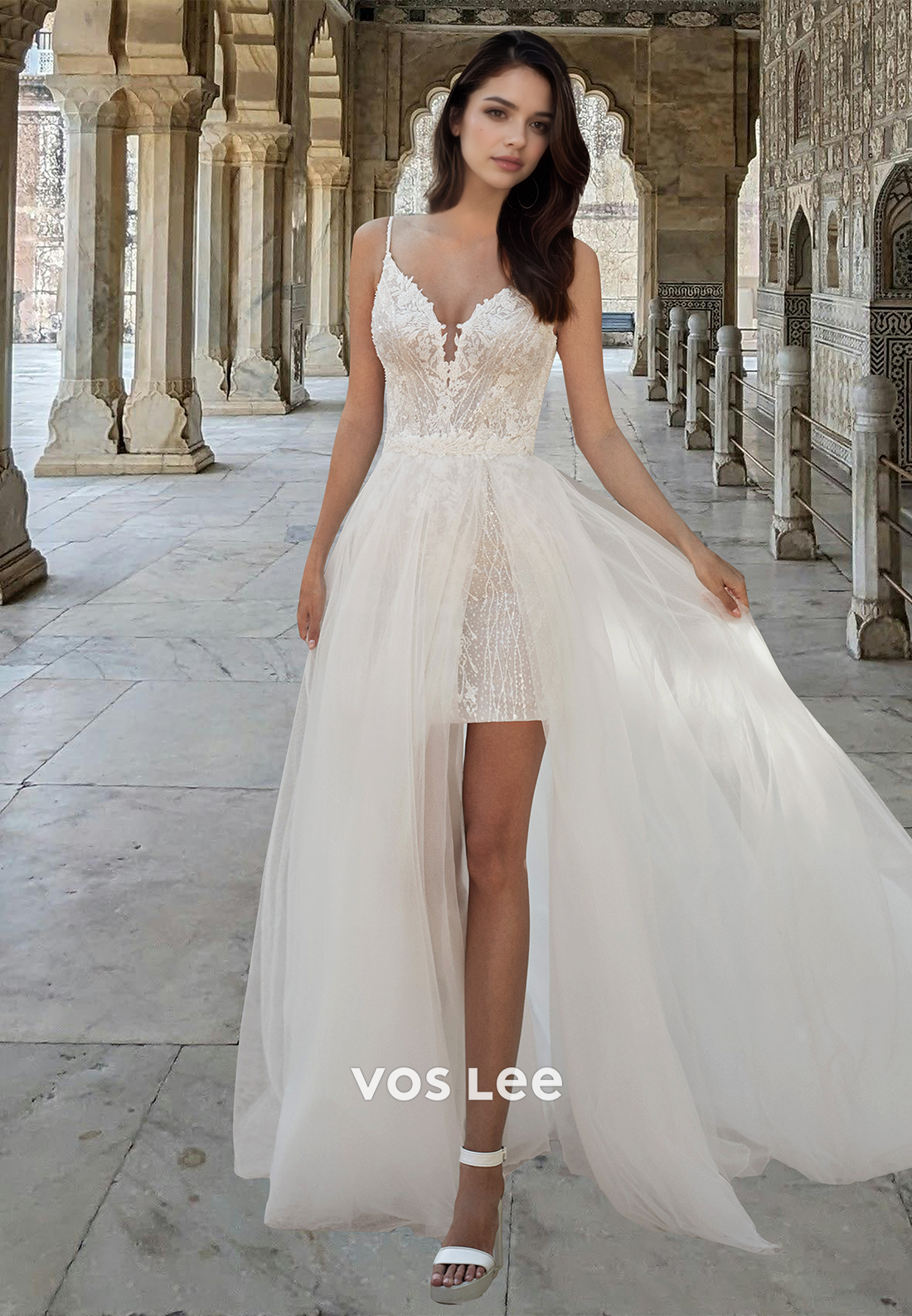 Bohemian Spaghetti Straps V-Neck Sheath Appliques Sequin Beach Wedding Dress with Overskirt