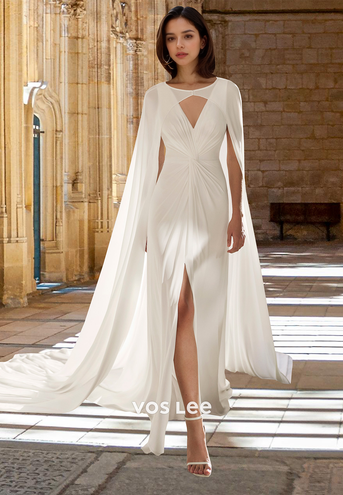 Classic A-Line V-Neck Straps Sleeveless Two Piece Satin Wedding Dress Boho Gown with Slit