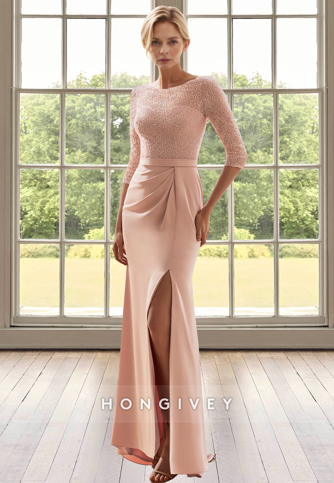 Graceful Scoop Neck Half Sleeves Sheath Beaded Satin Mother of the Bride Dress with Slit