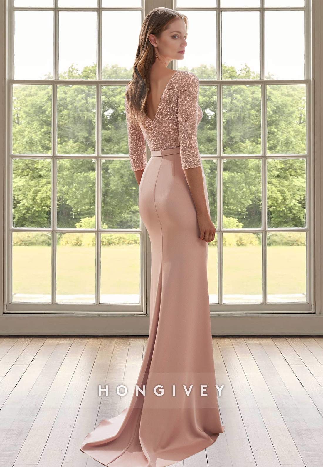 Graceful Scoop Neck Half Sleeves Sheath Beaded Satin Mother of the Bride Dress with Slit