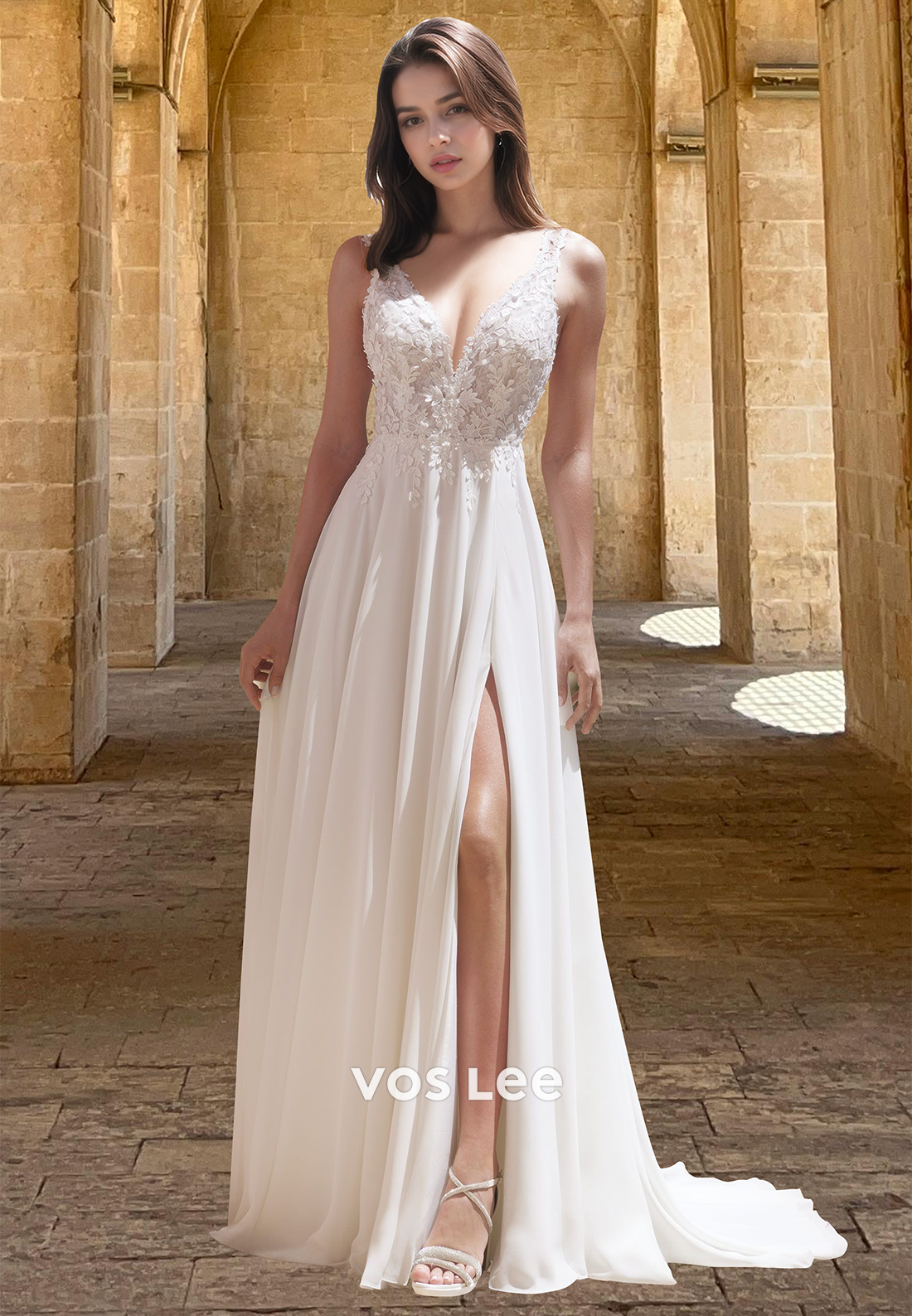 Sexy V-Neck Applique with Slit A-Line Bridal Wedding Dress