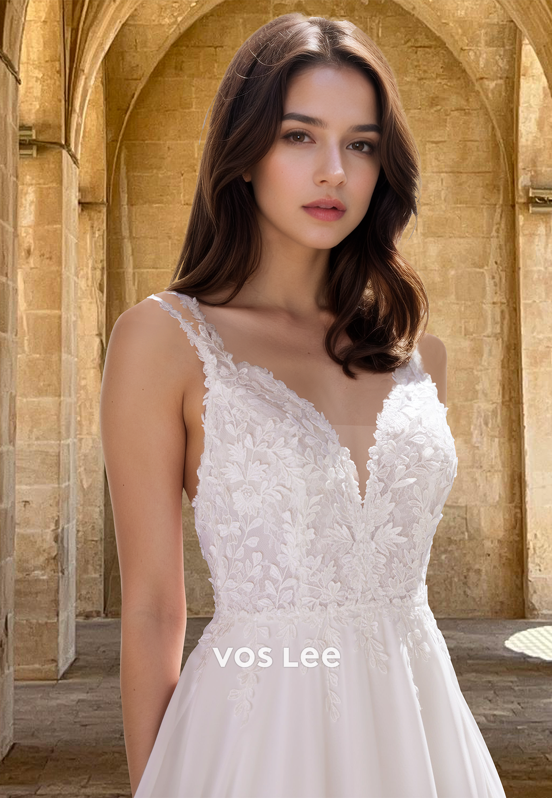 Sexy V-Neck Applique with Slit A-Line Bridal Wedding Dress