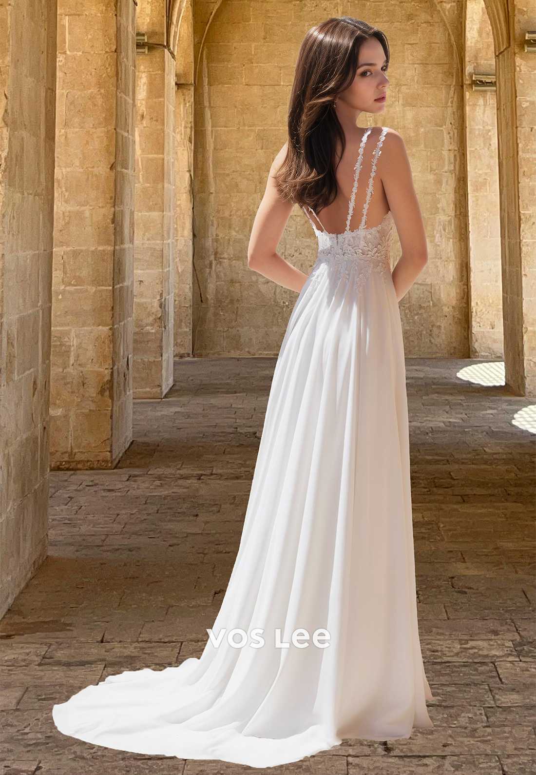 Sexy V-Neck Applique with Slit A-Line Bridal Wedding Dress