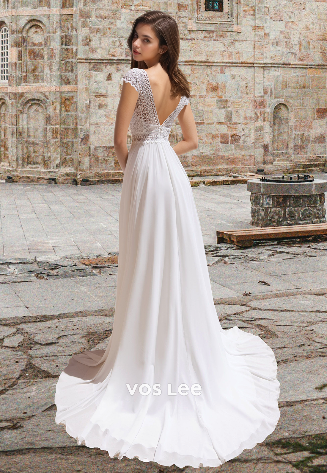 Sexy Lace Applique with Slit A-Line Beach Engagement Wedding Dress
