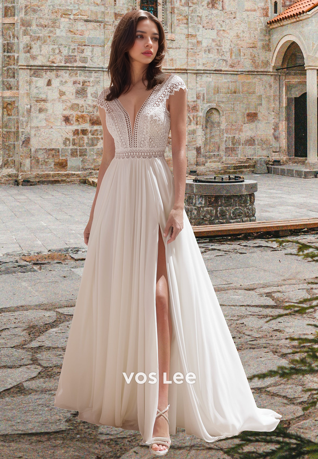 Sexy Lace Applique with Slit A-Line Beach Engagement Wedding Dress