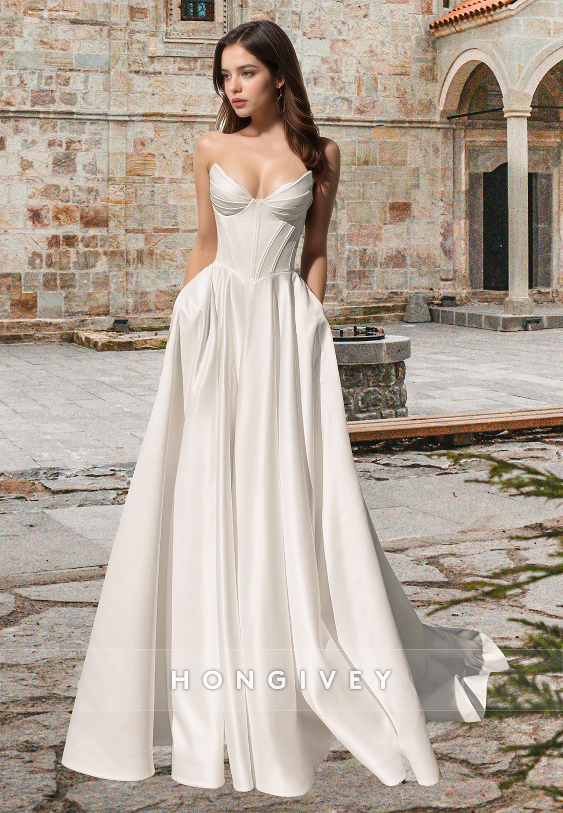Elegant A-Line Sweetheart Sleeveless Satin Beach Wedding Dress Boho Gowns with Pockets