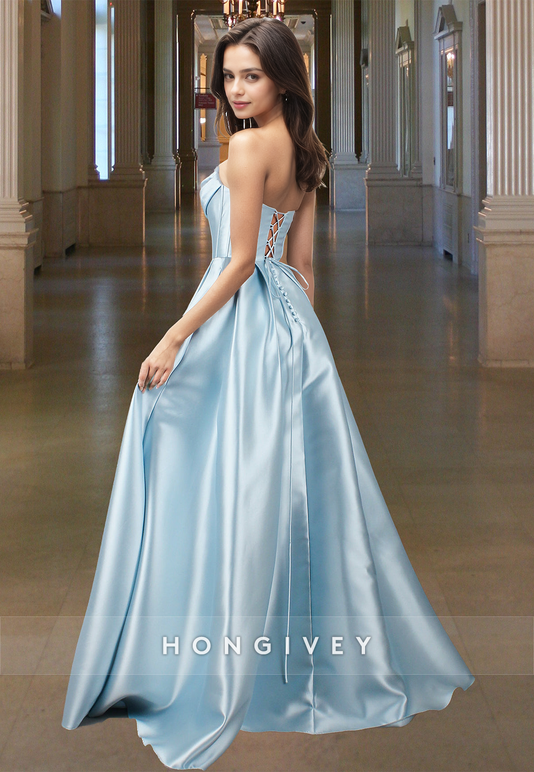 Glamorous A-Line Tube Top Beaded Pleated Satin Prom Dress with Pockets Party Gown