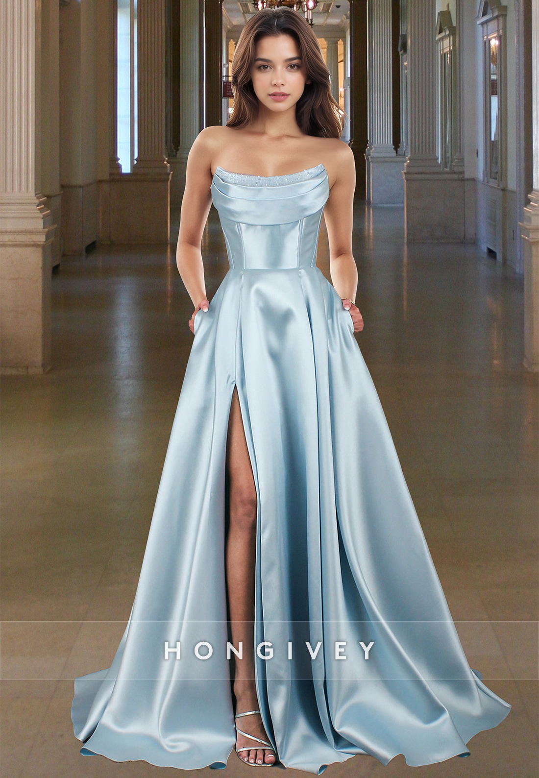 Glamorous A-Line Tube Top Beaded Pleated Satin Prom Dress with Pockets Party Gown