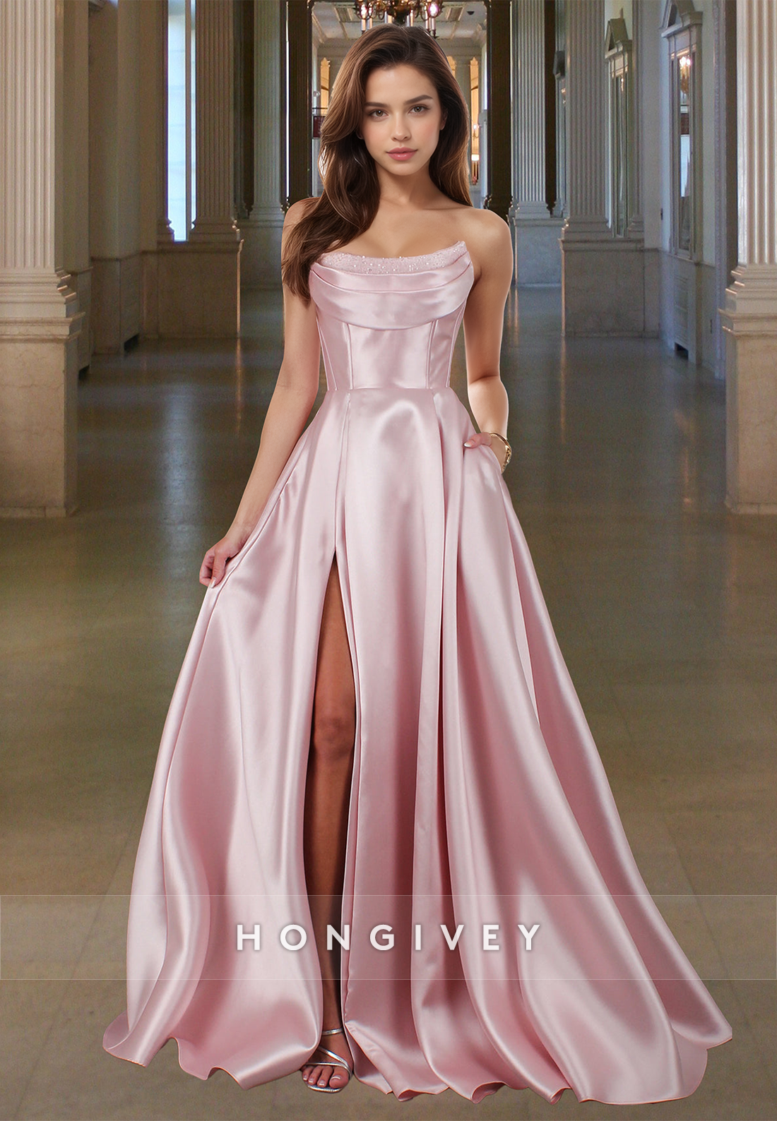 Glamorous A-Line Tube Top Beaded Pleated Satin Prom Dress with Pockets Party Gown