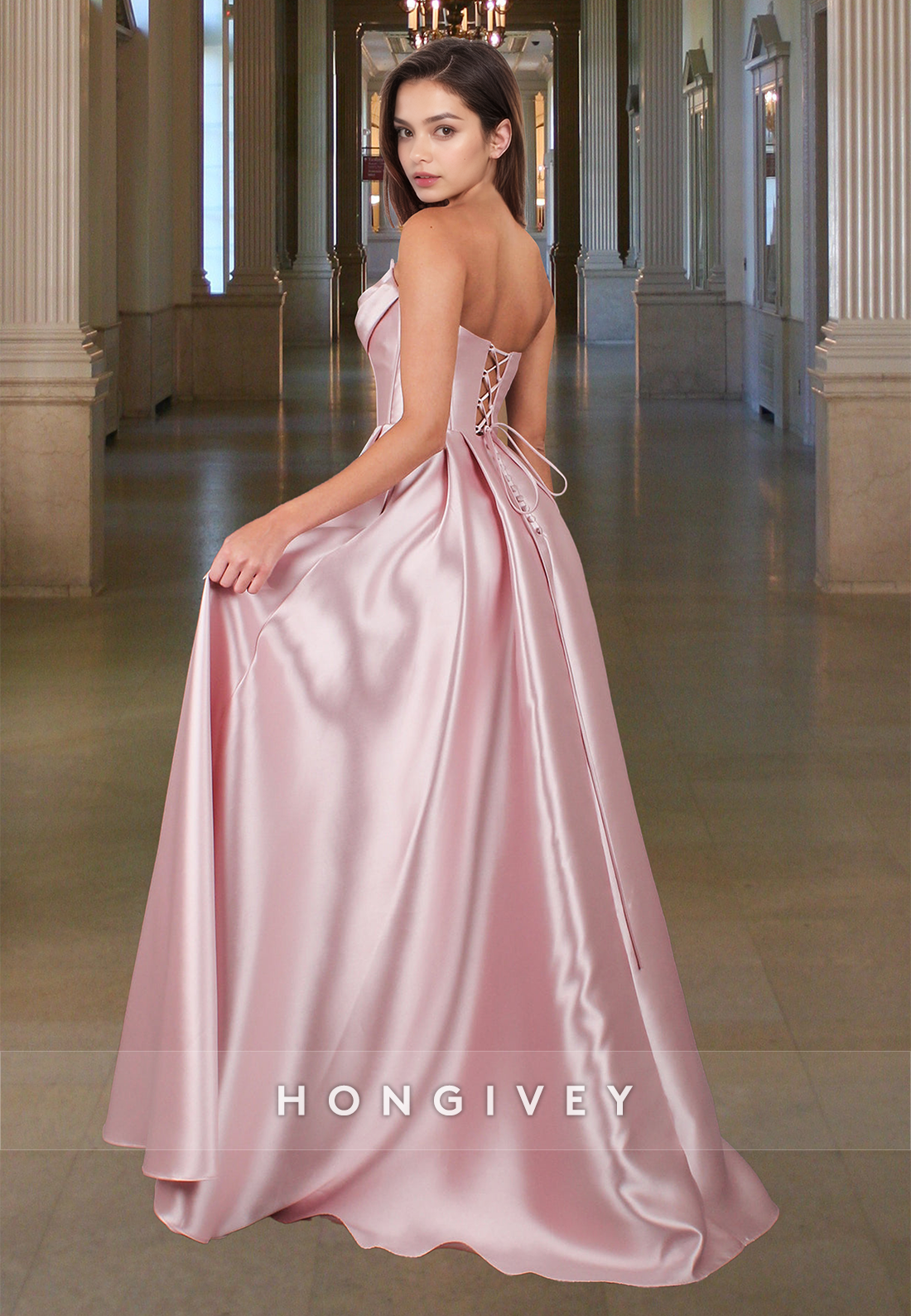 Glamorous A-Line Tube Top Beaded Pleated Satin Prom Dress with Pockets Party Gown