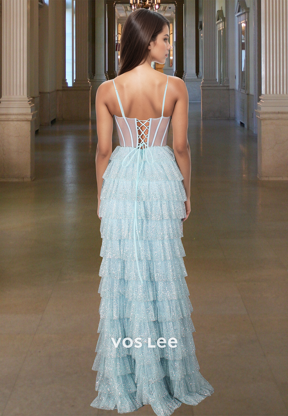 Sexy Tiered Sheath Tulle Spaghetti Straps Evening Dress Quinceanera Prom Gown