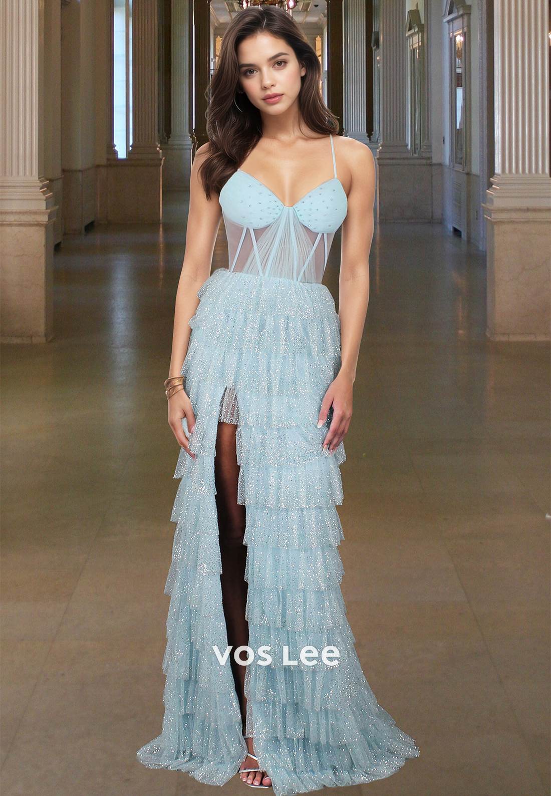 Sexy Tiered Sheath Tulle Spaghetti Straps Evening Dress Quinceanera Prom Gown