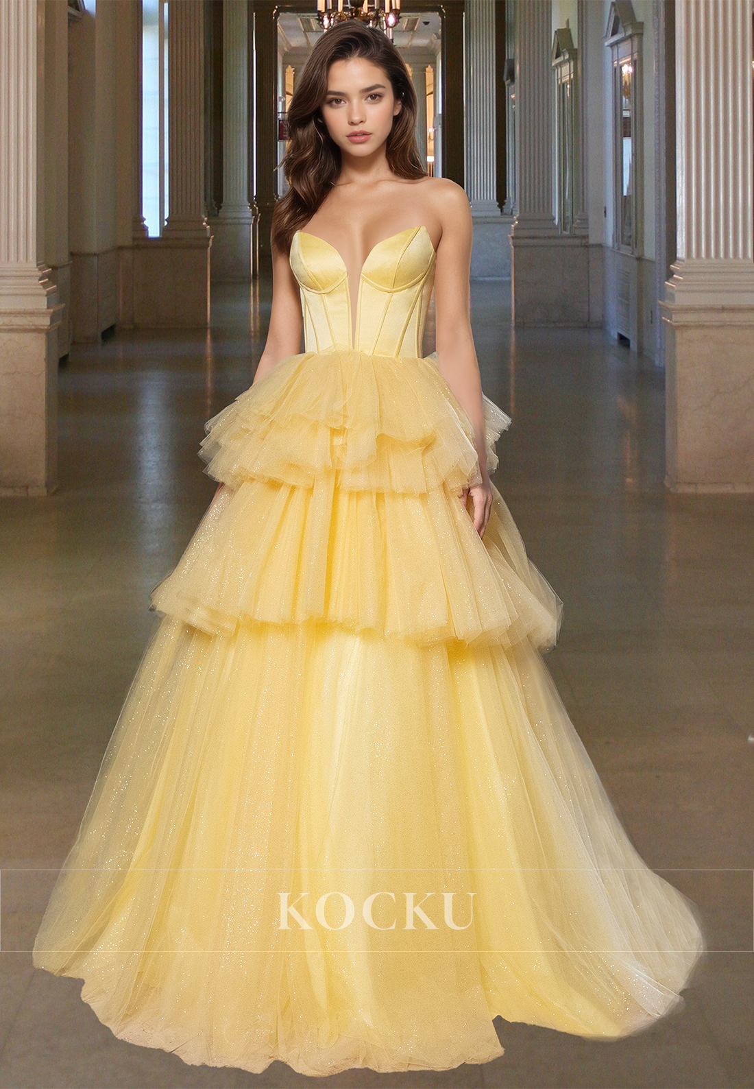 Striking Sweetheart A-Line Tiered Glitter Knit Long Evening Party Dress with Train