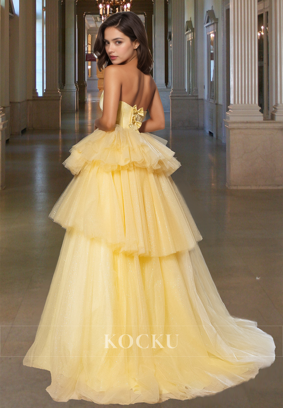 Striking Sweetheart A-Line Tiered Glitter Knit Long Evening Party Dress with Train