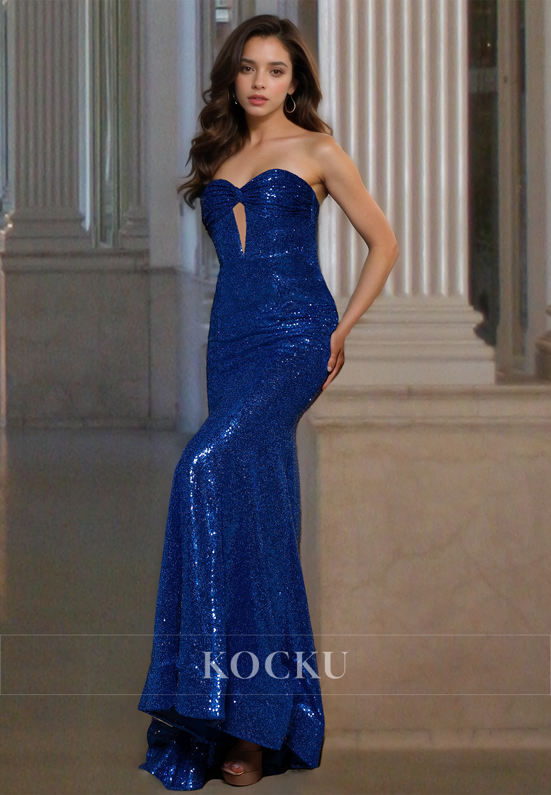 Sparkly Empire Waist Sweetheart Ruched Sequin Party Gowns Prom Dress with Train