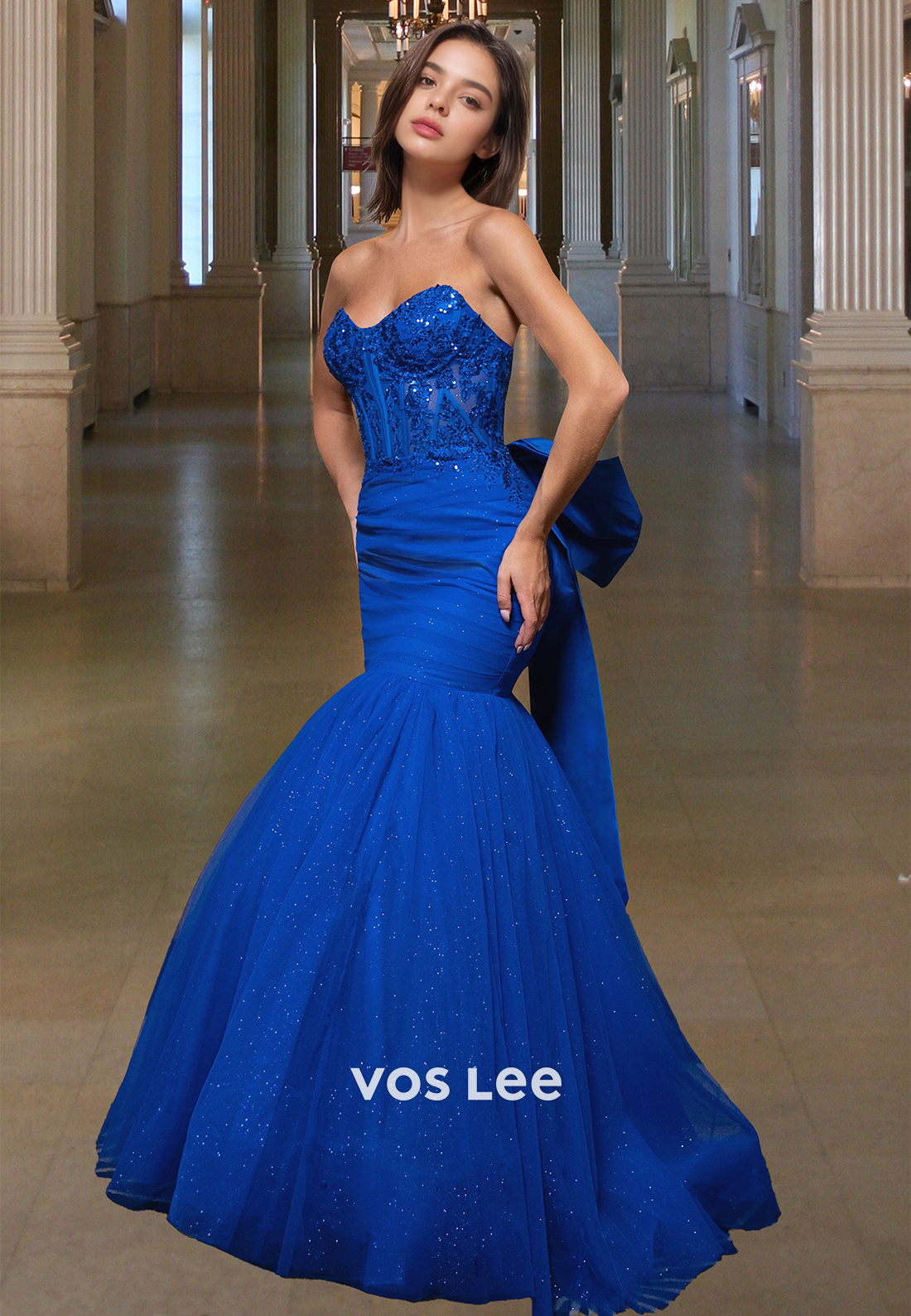 Sparkle Mermaid Evening Dress Chic Applique Strapless Bow Formal Party Gown