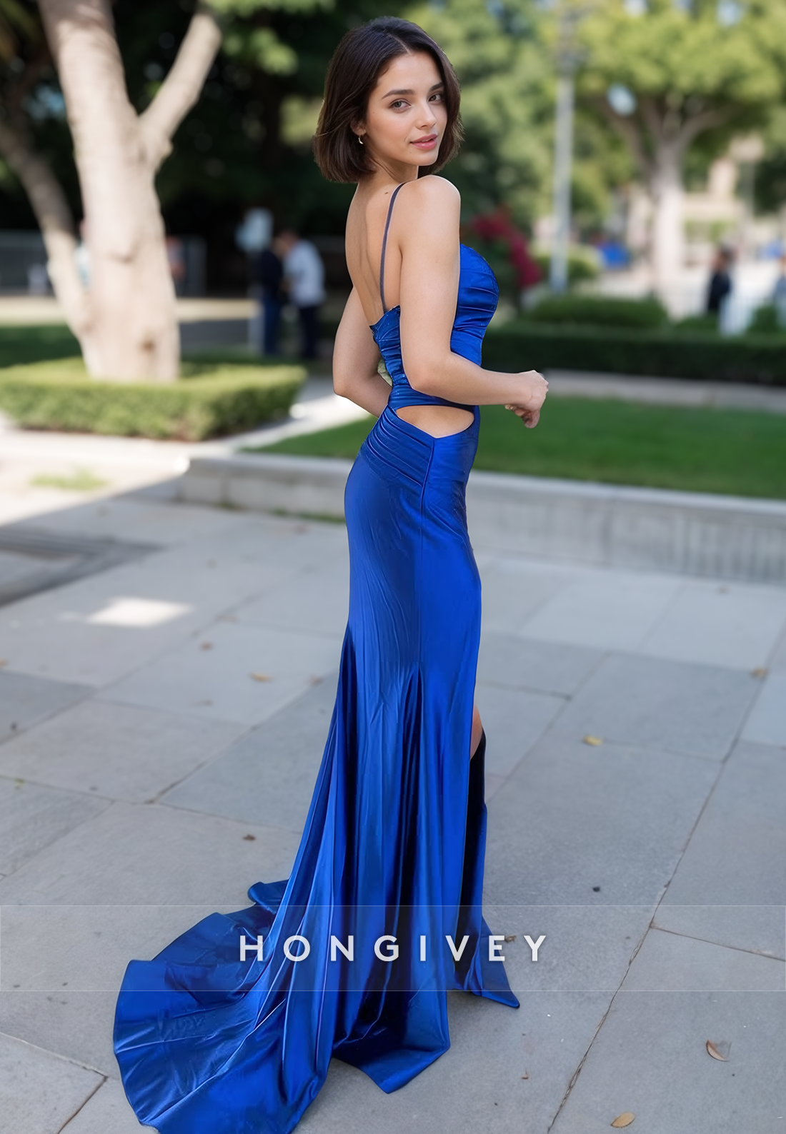 Charming Sweetheart Straps High Split Sheath Satin Prom Dress with Cut Outs Party Gowns